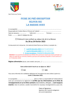 FICHE PRE-INSCRIPTION Séjour LA BRESSE 2023